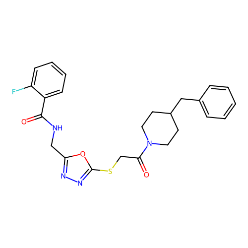 N-[(5-{[2-(4-benzylpiperidin-1-yl)-2-oxoethyl]sulfanyl}-1,3,4-oxadiazol-2-yl)methyl]-2-fluorobenzamide structure
