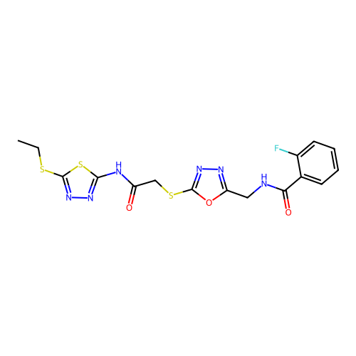 N-((5-((2-((5-(ethylthio)-1,3,4-thiadiazol-2-yl)amino)-2-oxoethyl)thio)-1,3,4-oxadiazol-2-yl)methyl)-2-fluorobenzamide structure