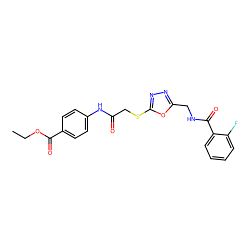 ethyl 4-({[(5-{[(2-fluorobenzoyl)amino]methyl}-1,3,4-oxadiazol-2-yl)thio]acetyl}amino)benzoate structure