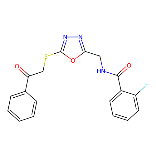 2-fluoro-N-({5-[(2-oxo-2-phenylethyl)thio]-1,3,4-oxadiazol-2-yl}methyl)benzamide structure