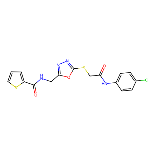 N-((5-((2-((4-chlorophenyl)amino)-2-oxoethyl)thio)-1,3,4-oxadiazol-2-yl)methyl)thiophene-2-carboxamide structure