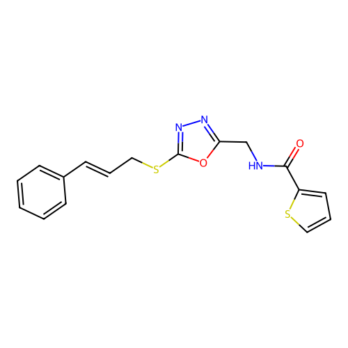 (E)-N-((5-(cinnamylthio)-1,3,4-oxadiazol-2-yl)methyl)thiophene-2-carboxamide structure