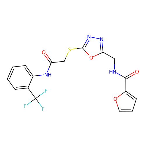 N-({5-[({[2-(TRIFLUOROMETHYL)PHENYL]CARBAMOYL}METHYL)SULFANYL]-1,3,4-OXADIAZOL-2-YL}METHYL)FURAN-2-CARBOXAMIDE structure