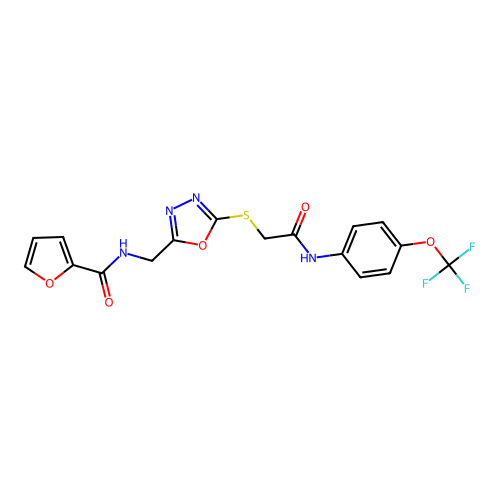 N-((5-((2-oxo-2-((4-(trifluoromethoxy)phenyl)amino)ethyl)thio)-1,3,4-oxadiazol-2-yl)methyl)furan-2-carboxamide structure