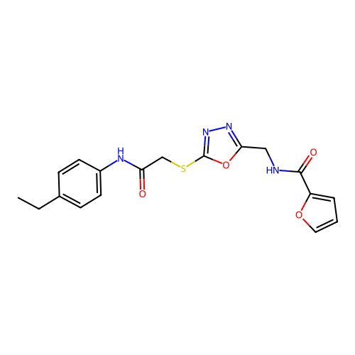 N-((5-((2-((4-ethylphenyl)amino)-2-oxoethyl)thio)-1,3,4-oxadiazol-2-yl)methyl)furan-2-carboxamide structure