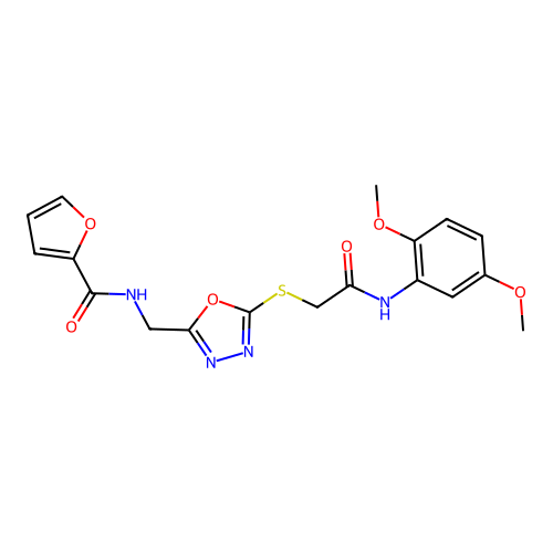 N-[[5-[2-(2,5-dimethoxyanilino)-2-oxoethyl]sulfanyl-1,3,4-oxadiazol-2-yl]methyl]furan-2-carboxamide structure