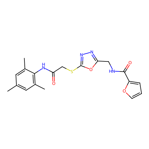 N-((5-((2-(mesitylamino)-2-oxoethyl)thio)-1,3,4-oxadiazol-2-yl)methyl)furan-2-carboxamide structure