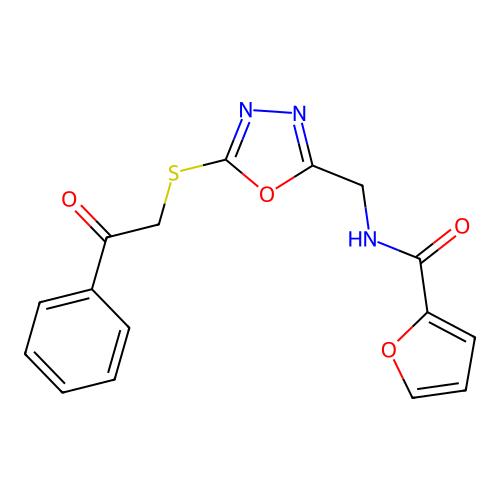 N-({5-[(2-oxo-2-phenylethyl)thio]-1,3,4-oxadiazol-2-yl}methyl)-2-furamide structure