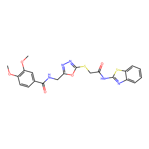 N-{[5-({[(1,3-benzothiazol-2-yl)carbamoyl]methyl}sulfanyl)-1,3,4-oxadiazol-2-yl]methyl}-3,4-dimethoxybenzamide structure
