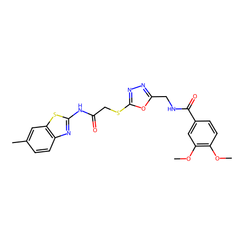 3,4-dimethoxy-N-((5-((2-((6-methylbenzo[d]thiazol-2-yl)amino)-2-oxoethyl)thio)-1,3,4-oxadiazol-2-yl)methyl)benzamide structure