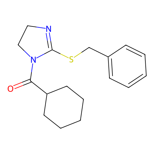 (2-(benzylthio)-4,5-dihydro-1H-imidazol-1-yl)(cyclohexyl)methanone structure