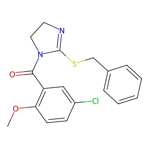 (2-(benzylthio)-4,5-dihydro-1H-imidazol-1-yl)(5-chloro-2-methoxyphenyl)methanone structure