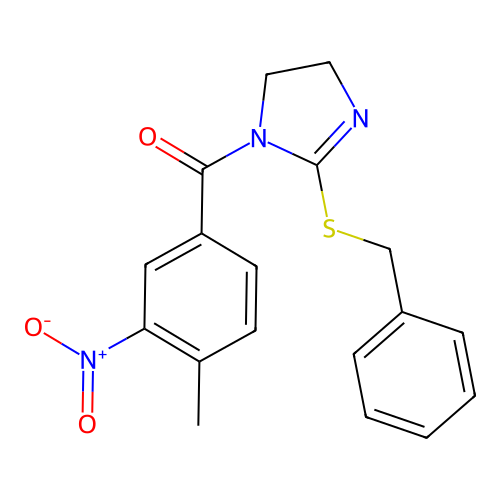 (2-Benzylsulfanyl-4,5-dihydroimidazol-1-yl)-(4-methyl-3-nitrophenyl)methanone structure
