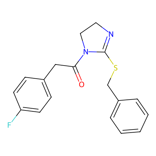 1-(2-(benzylthio)-4,5-dihydro-1H-imidazol-1-yl)-2-(4-fluorophenyl)ethanone structure