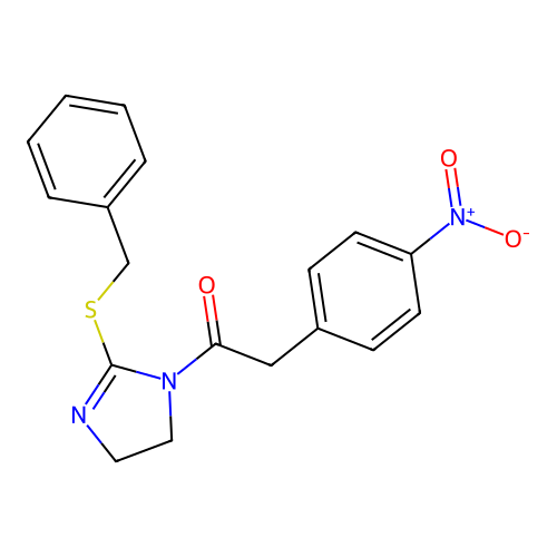 1-(2-(benzylthio)-4,5-dihydro-1H-imidazol-1-yl)-2-(4-nitrophenyl)ethanone structure