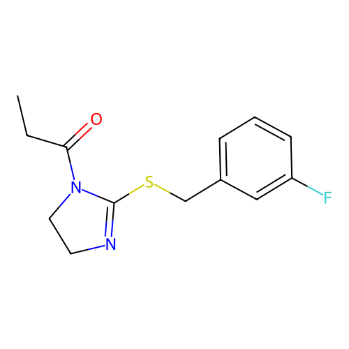 1-[2-[(3-Fluorophenyl)methylsulfanyl]-4,5-dihydroimidazol-1-yl]propan-1-one structure