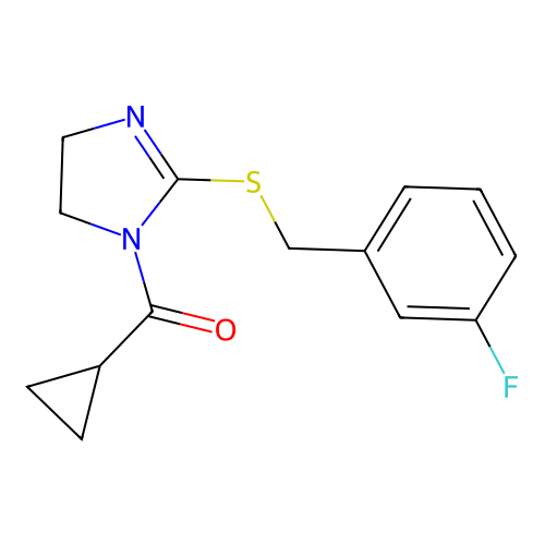 cyclopropyl(2-((3-fluorobenzyl)thio)-4,5-dihydro-1H-imidazol-1-yl)methanone structure