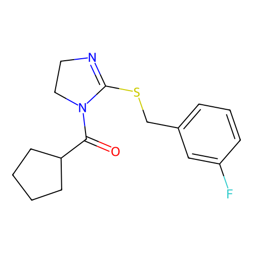 cyclopentyl(2-((3-fluorobenzyl)thio)-4,5-dihydro-1H-imidazol-1-yl)methanone structure