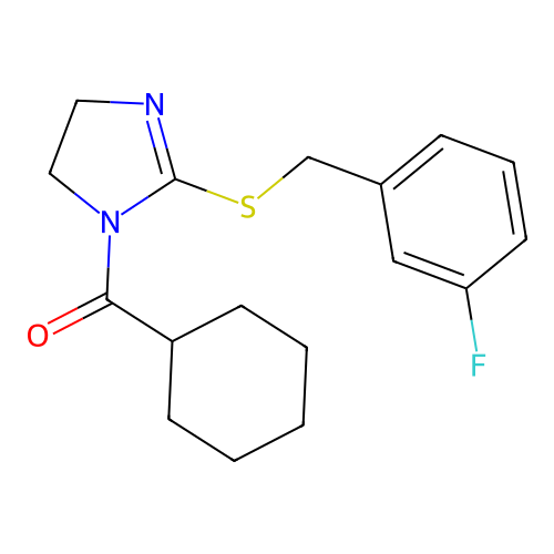 cyclohexyl(2-((3-fluorobenzyl)thio)-4,5-dihydro-1H-imidazol-1-yl)methanone structure