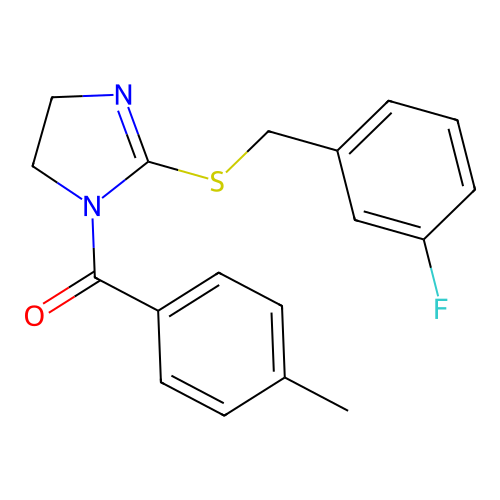 (2-((3-fluorobenzyl)thio)-4,5-dihydro-1H-imidazol-1-yl)(p-tolyl)methanone structure