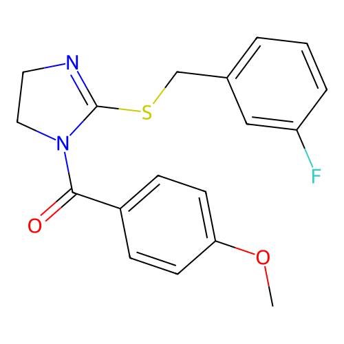 (2-((3-fluorobenzyl)thio)-4,5-dihydro-1H-imidazol-1-yl)(4-methoxyphenyl)methanone structure