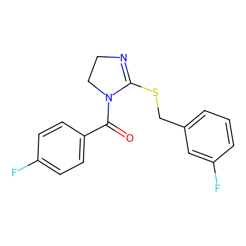 (2-((3-fluorobenzyl)thio)-4,5-dihydro-1H-imidazol-1-yl)(4-fluorophenyl)methanone structure