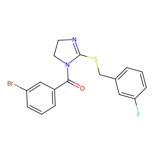 (3-bromophenyl)(2-((3-fluorobenzyl)thio)-4,5-dihydro-1H-imidazol-1-yl)methanone structure