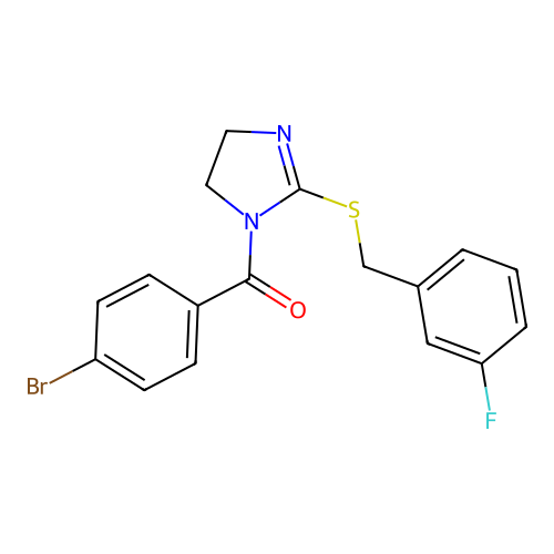 (4-bromophenyl)(2-((3-fluorobenzyl)thio)-4,5-dihydro-1H-imidazol-1-yl)methanone structure
