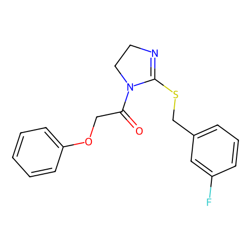1-[2-[(3-fluorophenyl)methylsulfanyl]-4,5-dihydroimidazol-1-yl]-2-phenoxyethanone structure