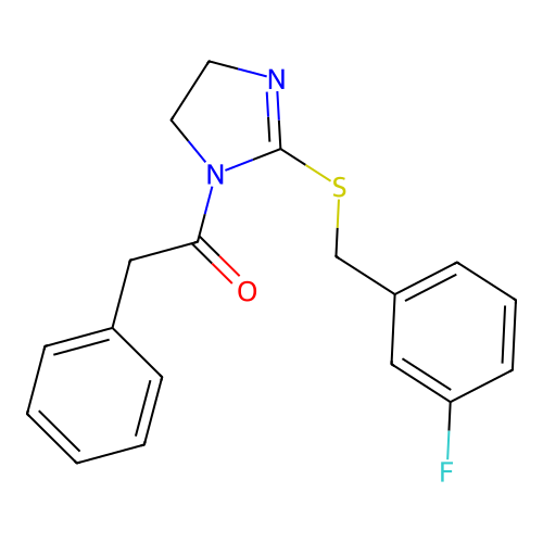 1-(2-((3-fluorobenzyl)thio)-4,5-dihydro-1H-imidazol-1-yl)-2-phenylethanone structure