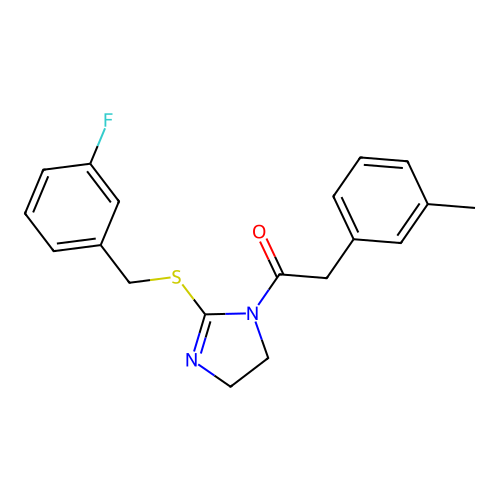 1-(2-((3-fluorobenzyl)thio)-4,5-dihydro-1H-imidazol-1-yl)-2-(m-tolyl)ethanone structure
