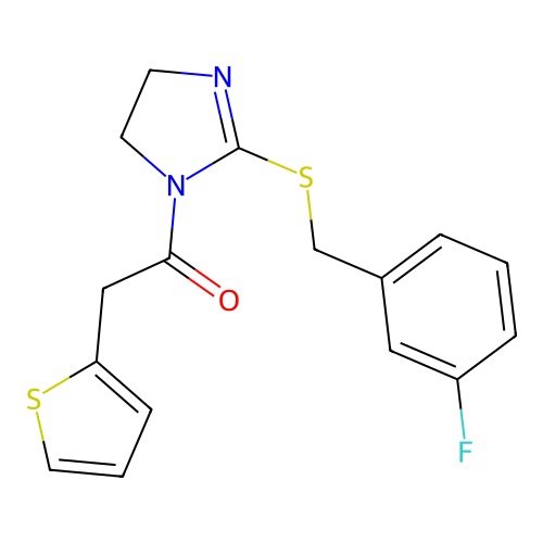 1-[2-[(3-fluorophenyl)methylsulfanyl]-4,5-dihydroimidazol-1-yl]-2-thiophen-2-ylethanone structure