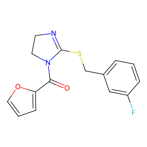 (2-((3-fluorobenzyl)thio)-4,5-dihydro-1H-imidazol-1-yl)(furan-2-yl)methanone structure