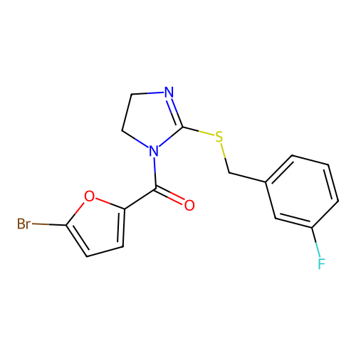 (5-bromofuran-2-yl)-[2-[(3-fluorophenyl)methylsulfanyl]-4,5-dihydroimidazol-1-yl]methanone structure