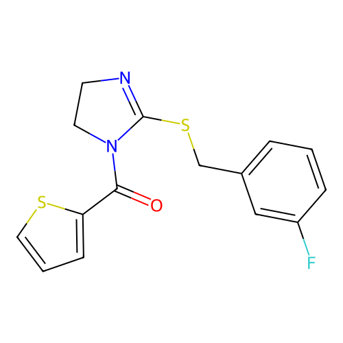 (2-((3-fluorobenzyl)thio)-4,5-dihydro-1H-imidazol-1-yl)(thiophen-2-yl)methanone structure