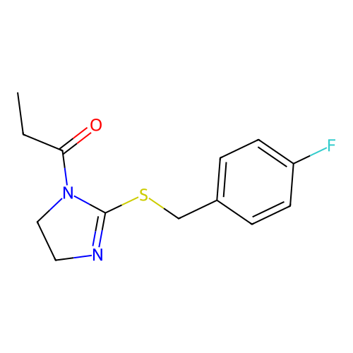 1-[2-[(4-Fluorophenyl)methylsulfanyl]-4,5-dihydroimidazol-1-yl]propan-1-one structure