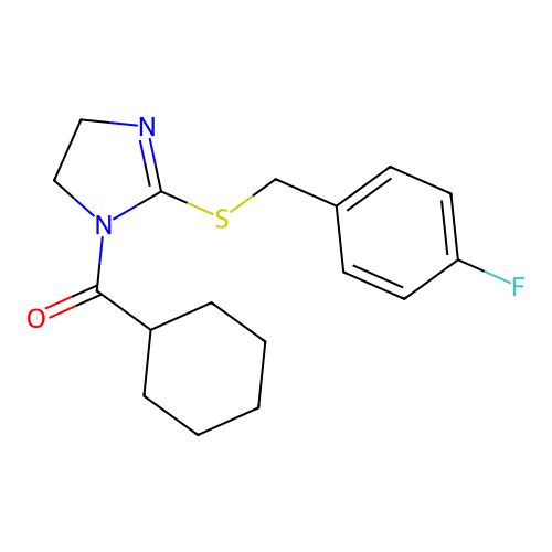 cyclohexyl(2-((4-fluorobenzyl)thio)-4,5-dihydro-1H-imidazol-1-yl)methanone structure
