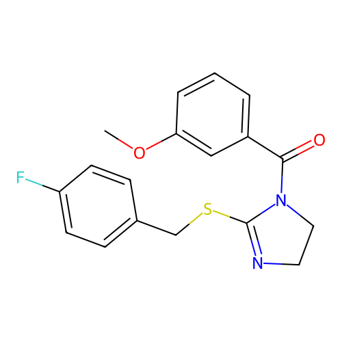 (2-((4-fluorobenzyl)thio)-4,5-dihydro-1H-imidazol-1-yl)(3-methoxyphenyl)methanone structure
