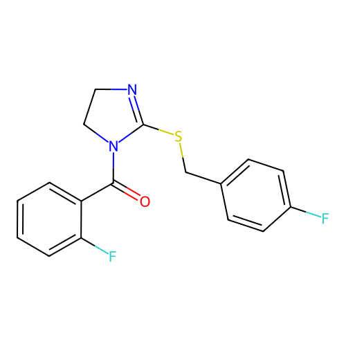 (2-((4-fluorobenzyl)thio)-4,5-dihydro-1H-imidazol-1-yl)(2-fluorophenyl)methanone structure