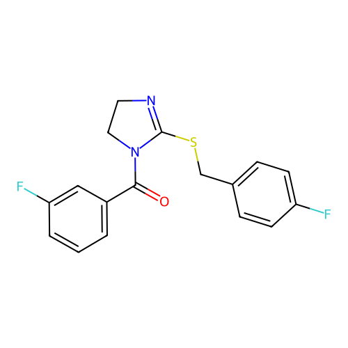 (2-((4-fluorobenzyl)thio)-4,5-dihydro-1H-imidazol-1-yl)(3-fluorophenyl)methanone structure