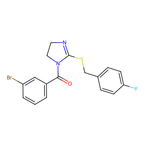 (3-bromophenyl)(2-((4-fluorobenzyl)thio)-4,5-dihydro-1H-imidazol-1-yl)methanone structure