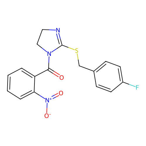 (2-((4-fluorobenzyl)thio)-4,5-dihydro-1H-imidazol-1-yl)(2-nitrophenyl)methanone structure
