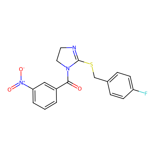 (2-((4-fluorobenzyl)thio)-4,5-dihydro-1H-imidazol-1-yl)(3-nitrophenyl)methanone structure