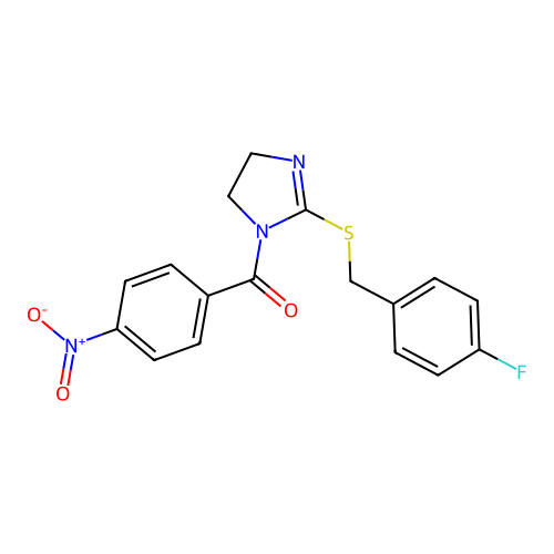 (2-((4-fluorobenzyl)thio)-4,5-dihydro-1H-imidazol-1-yl)(4-nitrophenyl)methanone structure