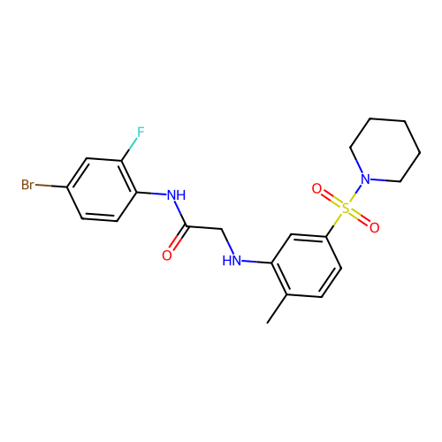 N-(4-Bromo-2-fluorophenyl)-2-[[2-methyl-5-(1-piperidinylsulfonyl)phenyl]amino]acetamide structure