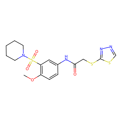 N-(4-methoxy-3-piperidin-1-ylsulfonylphenyl)-2-(1,3,4-thiadiazol-2-ylsulfanyl)acetamide structure