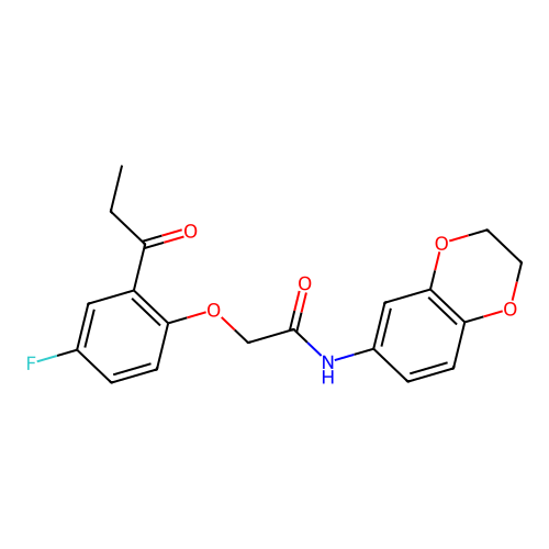 N-(2,3-dihydro-1,4-benzodioxin-6-yl)-2-(4-fluoro-2-propanoylphenoxy)acetamide structure