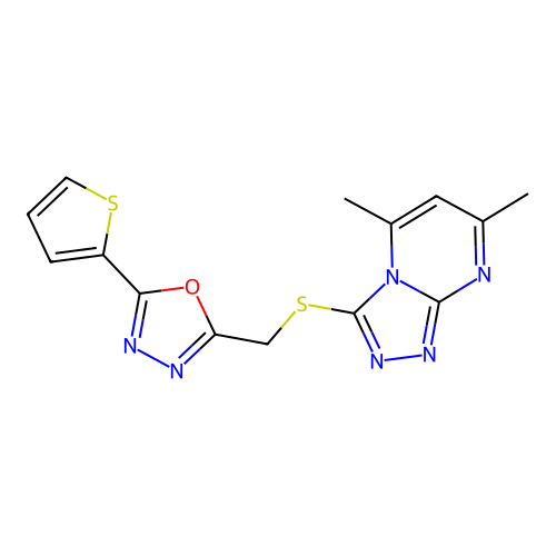 2-[(5,7-dimethyl-[1,2,4]triazolo[4,3-a]pyrimidin-3-yl)sulfanylmethyl]-5-thiophen-2-yl-1,3,4-oxadiazole structure