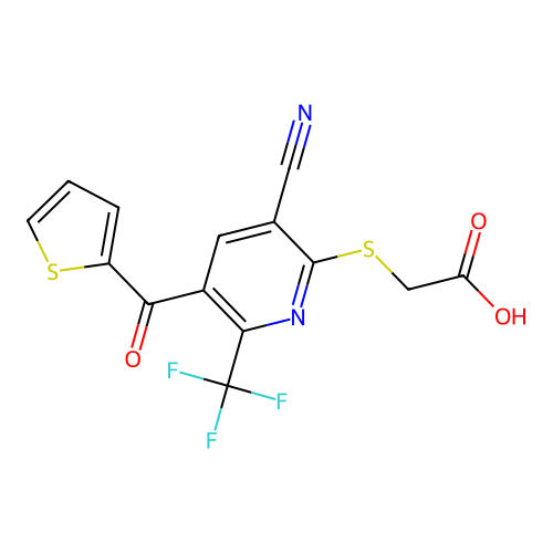 {[3-cyano-5-(thien-2-ylcarbonyl)-6-(trifluoromethyl)pyridin-2-yl]thio}acetic acid structure