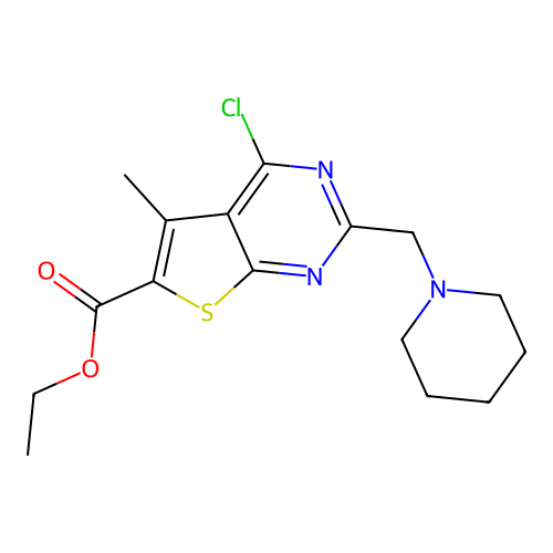 ethyl 4-chloro-5-methyl-2-(piperidin-1-ylmethyl)thieno[2,3-d]pyrimidine-6-carboxylate structure